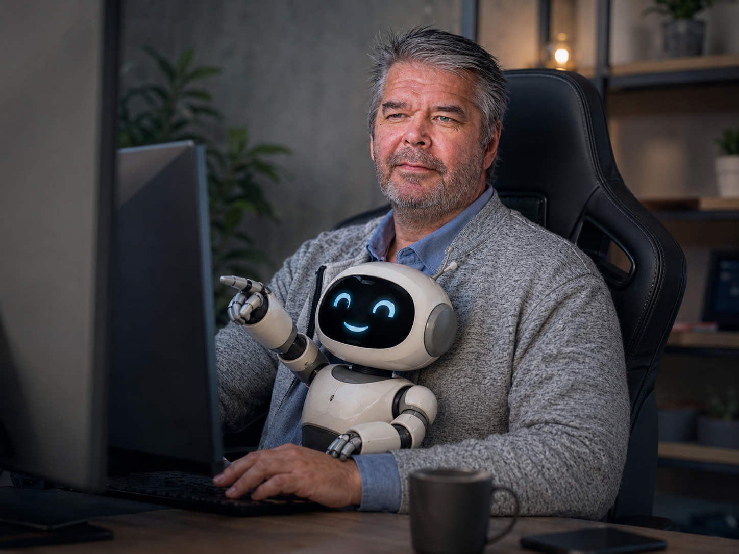 Peter Forsman vid datorn tillsammans med en liten AI-robot
